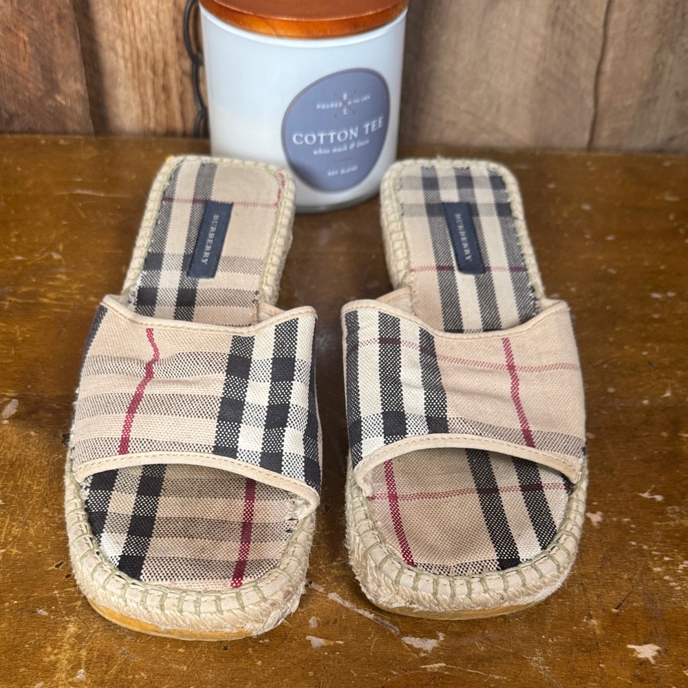 Burberry Authentic Beige and Black Plaid Espadrille Sandals